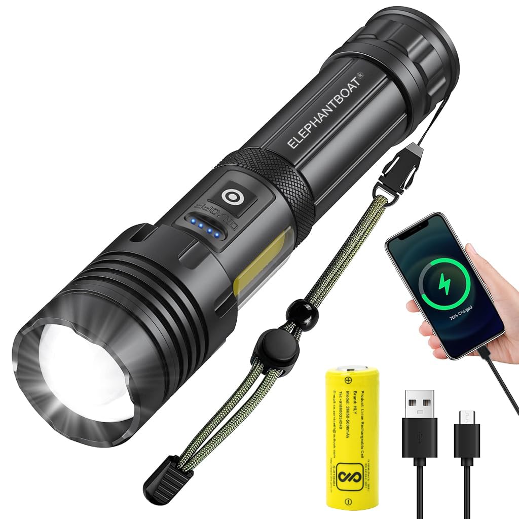 ELEPHANTBOAT® 3000 Lumen Zoomable LED Flashlight, USB Rechargeable 5000mAh Power Bank, Dual Light Source, IPX4 Waterproof, High Beam Torch Light for Emergencies, Camping, Hiking
