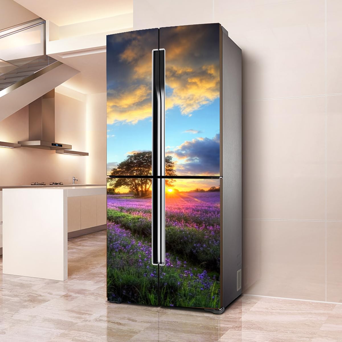 Targawerelax Purple/Lavender Fridge Wraps Kitchen Fridge Stickers Cover Full Doors, Fridge Sticker Full Covering Door Fridge Covers Decor, Freezer Skins Wall Stickers For Kitchen Decal, Sunset Scenery