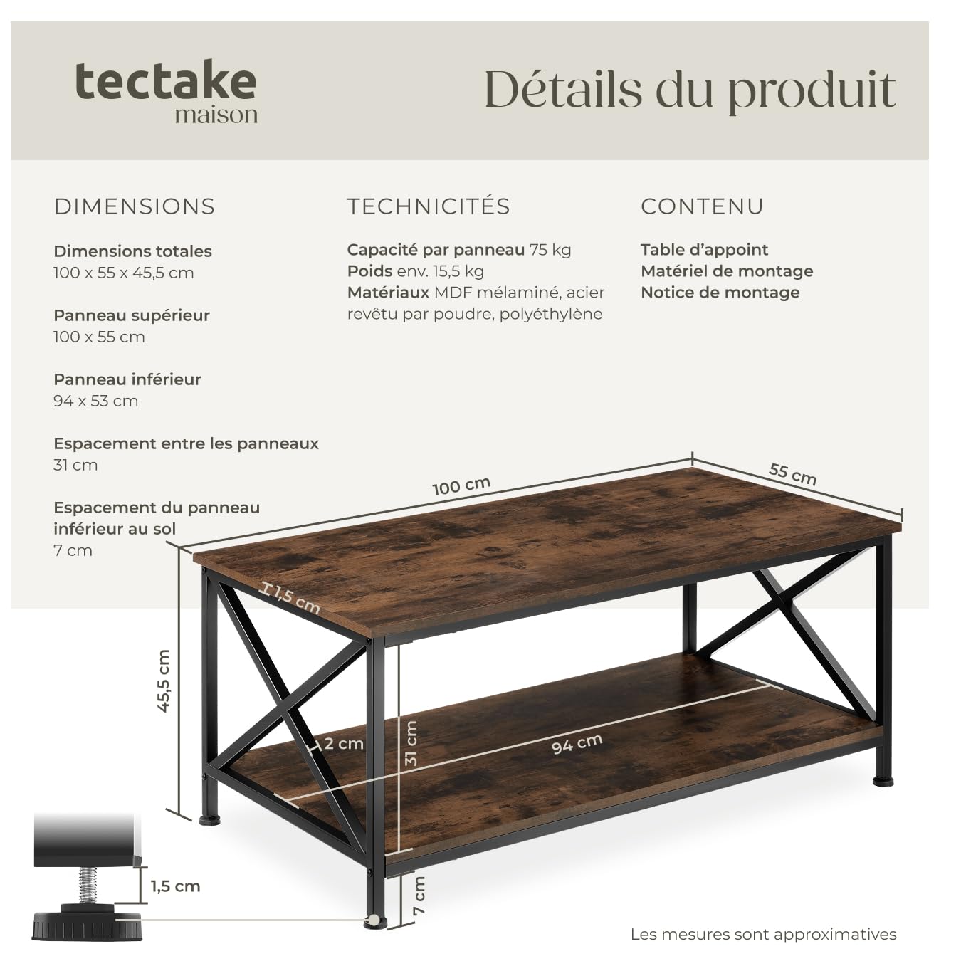tectake® Table basse Salon 100 x 55 x 45,5 cm, Table basse à 2 niveaux, Style industriel, Bout de canape Meubles de Salon Meuble Bureau Chambre Décoration Maison Meuble d'appoint Rangement, Bois foncé