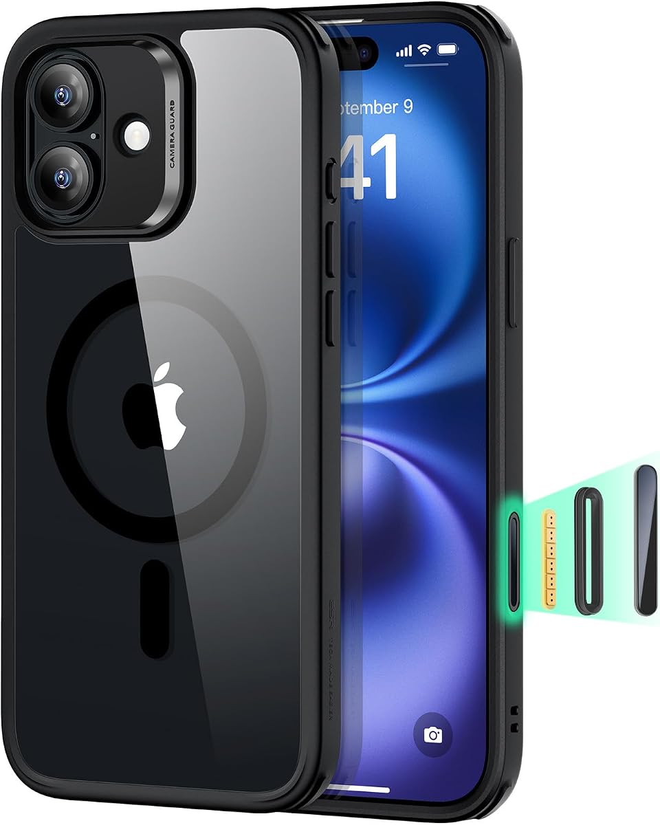 para iPhone 16 Funda para MagSafe, Control de cámara, Negro transparente | Antiamarilleo, ultradelgado, protección contra caídas de grado militar 3X, funda magnética para teléfono, absorción de impactos