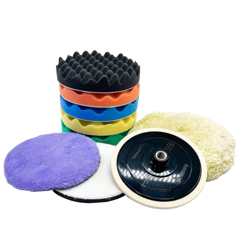 7 inch 9 pcs Polishing Pad Kit with 5 Waffle Foam, 1 100% Wool Grip Pad, 1 Lamb Wool Pad, 1 Microfiber Finishing Pad and 5/8