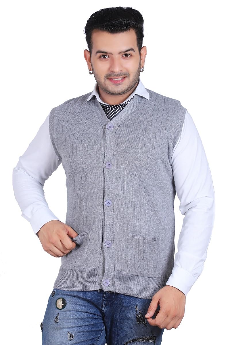 jubination Men's Cardigan Sleeveless Front Open Buttoned Woollen Jacket Waist Coat Light-Grey Colour with Two Pockets-picture-18