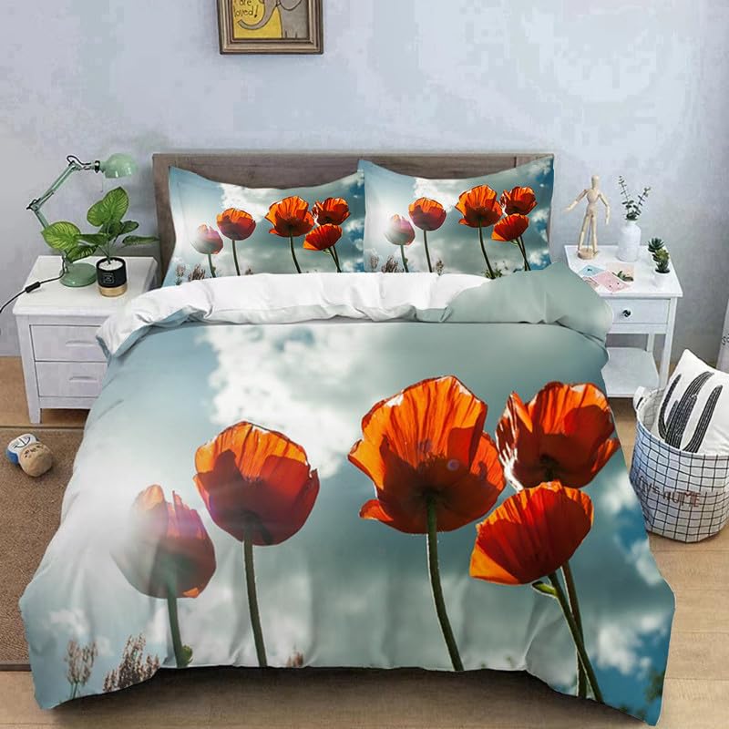Housse de couette 220x240 pavot parure de lit 220x240 adulte microfibre avec 2 taies 65x65