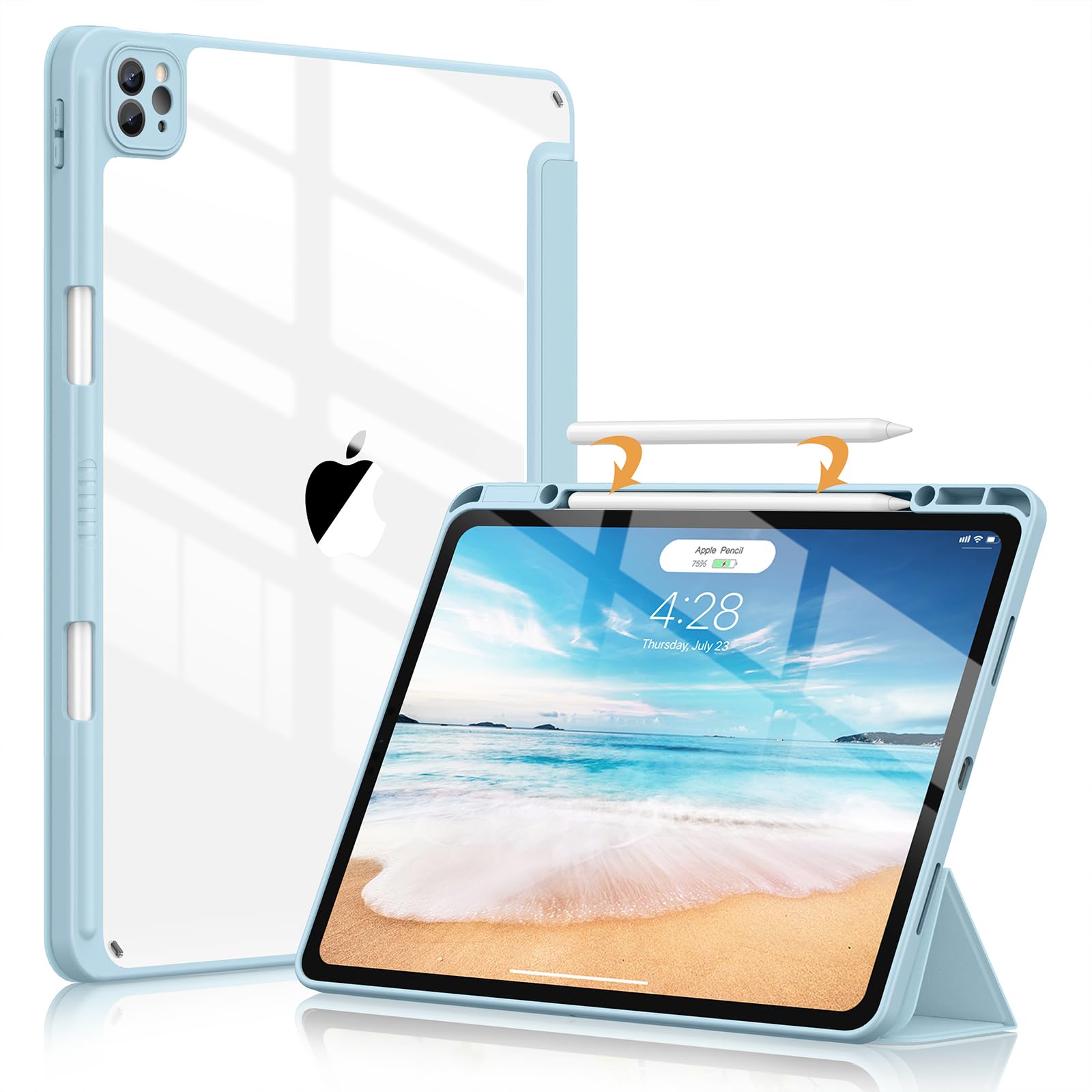 Soke Case for iPad Pro 12.9 Inch (6th/5th/4th/3rd Generation, 2022/2021/2020/2018) - Pencil Holder + Auto Sleep/Wake + Camera Protection, Transparent