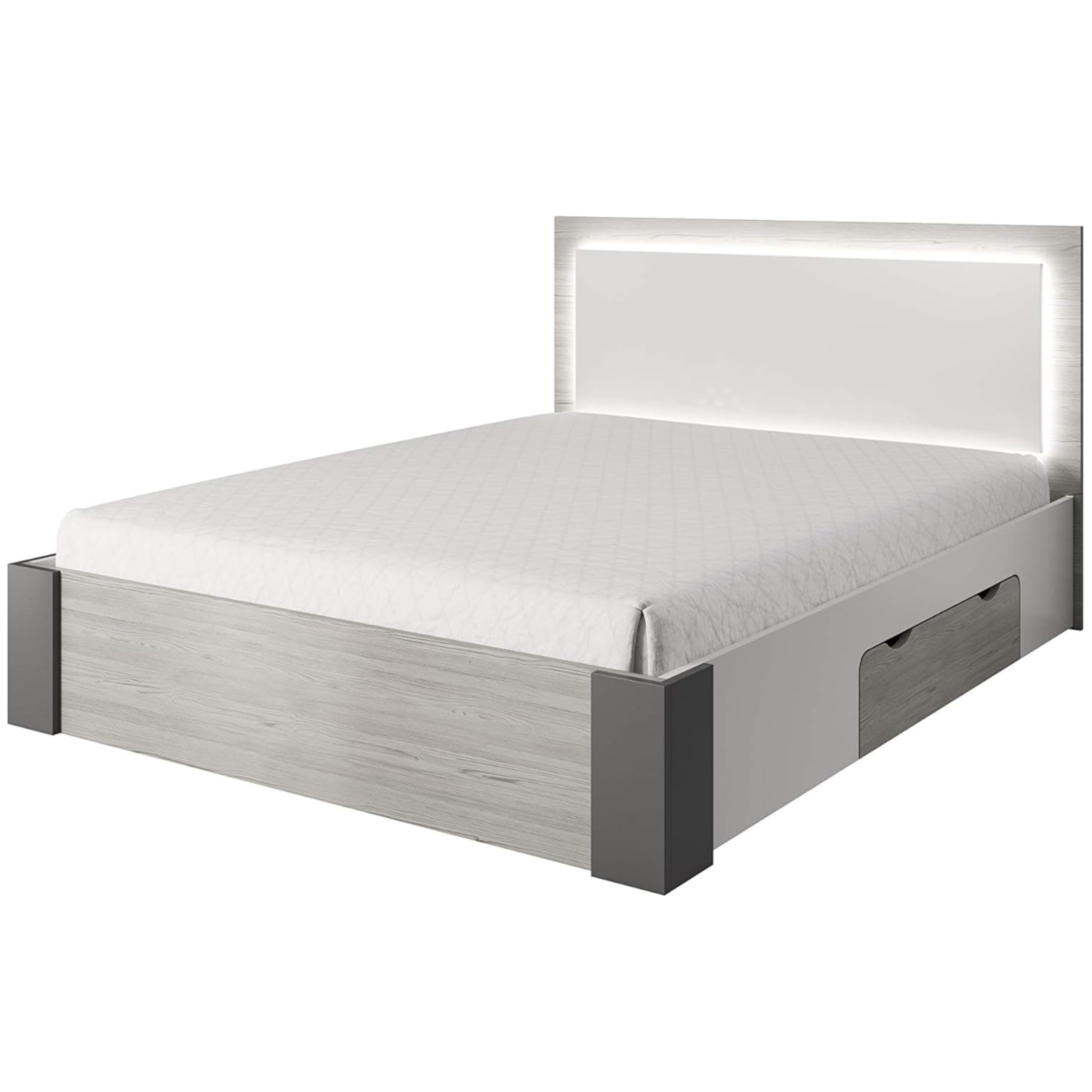 Hellios II - Chambre à Coucher Adulte Complète Avec lit 160x200 Avec Matelas, 2 Tables De Chevet, Armoire Avec Portes Coulissantes L:183 x H:218 x P:61 cm, Fancy - Blanc/Kathult+Gris