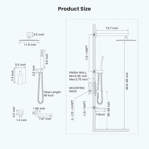 Miniatura 6 de gotonovo Grifo de ducha negro mate, montaje en pared, sistema de ducha de baño de triple función con boquilla de bañera, cuadrado de alta presión,
