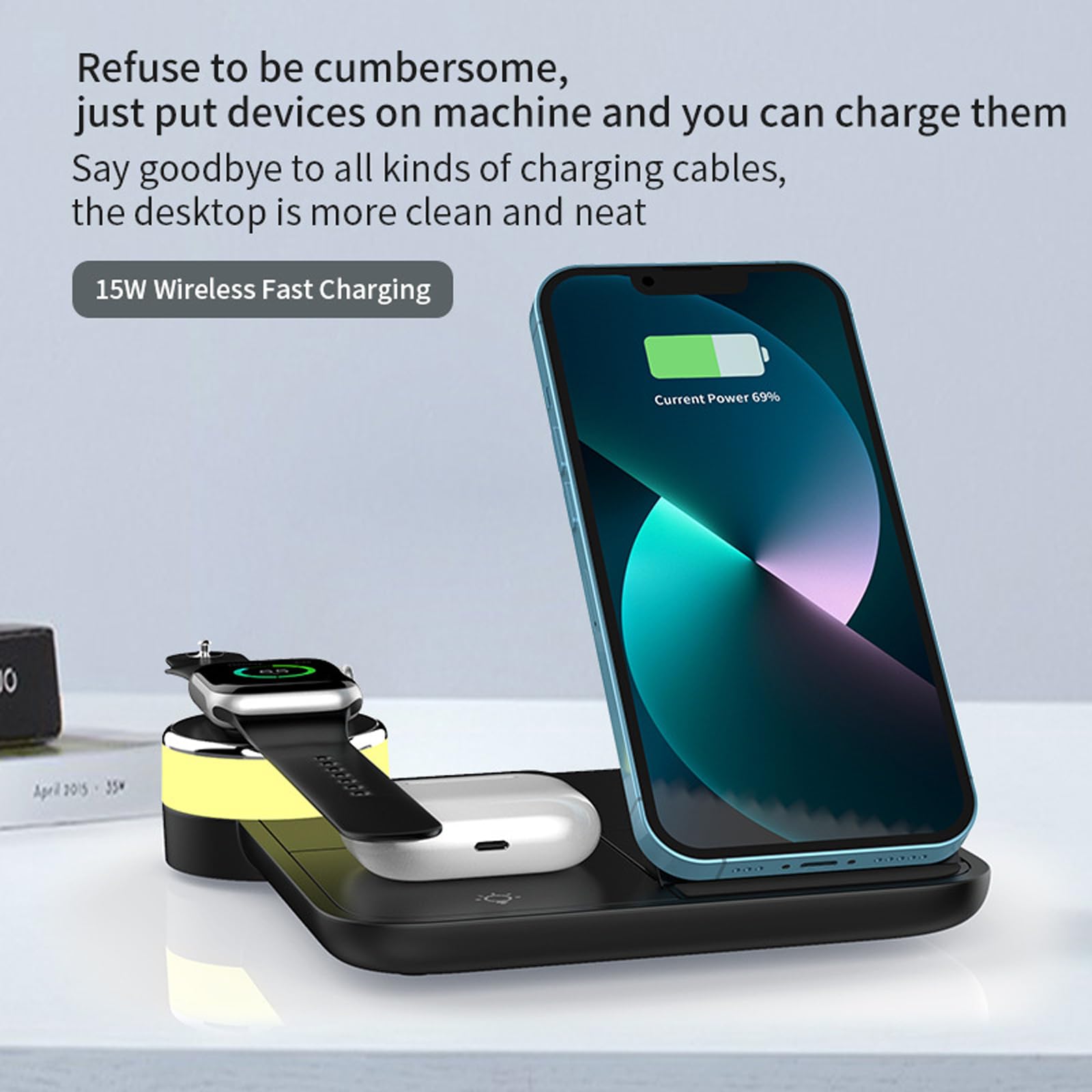 Cargador Inalámbrico 4-En-1, Adecuado Para Teléfonos/Reloj/Auriculares, Carga Rápida De 15 W, Con Luces Coloridas, Certificación Qi,Black