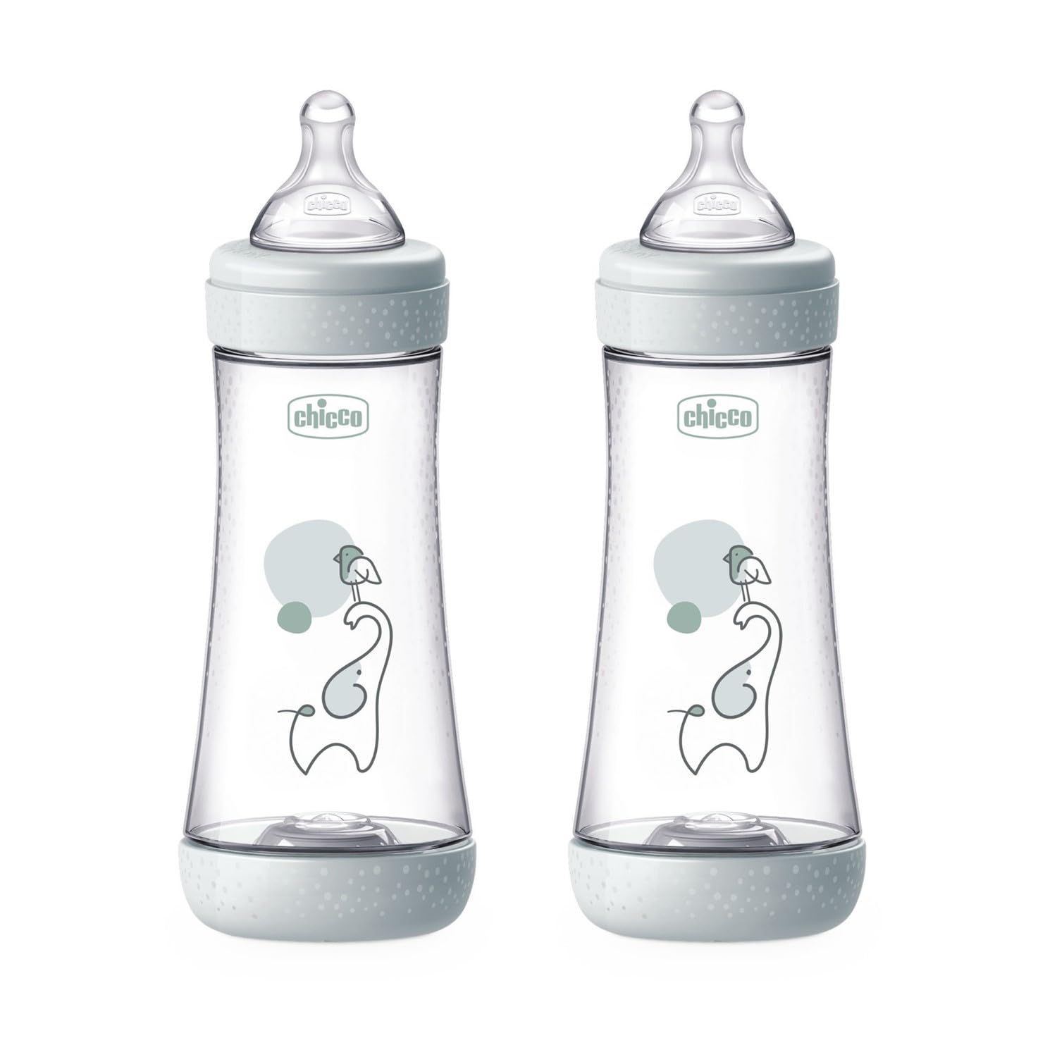 Chicco PERFECT 5 2 Biberón anticólicos de 300 ml, Doble biberón de flujo rápido para mayores de 4 meses con tetina de silicona suave,biberón similar al pecho materno,biberón para lactancia mixta, gris