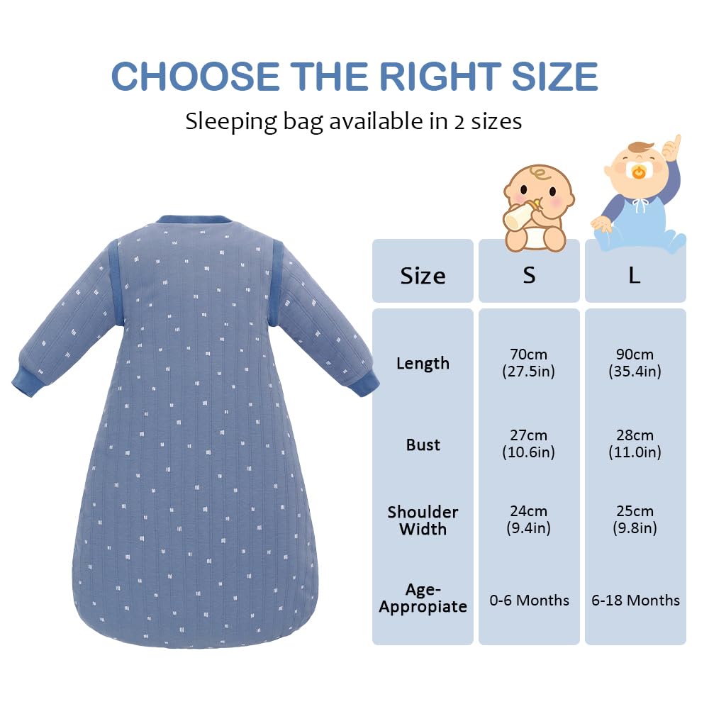 Saco de Dormir para Bebé con Mangas Desmontables, TOG 2,5, 100% Algodón, Ideal para Entretiempo e Invierno, 0-18 Meses