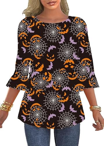 Halloween Shirts Womens 3 4 Sleeve Ruffle Witch Costume Jack o Lantern Pumpkin Halloween Top BATZ M