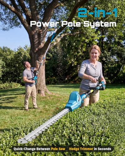 Image of SEESII 2-in-1 Cordless Pole Saw 8 Inch & Hedge Trimmer Combo | 2x4.0 Ah Batteries, 16-Inch Extension Pole Hedge Trimmer, Bush Tree Pruner Limb Branch Cutter, 15ft Long Reach