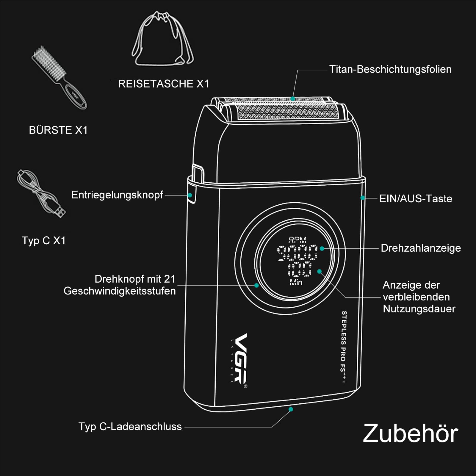 VGR 378 Folienrasierer für Männer, Dreifacher Scherfolie Rasierapparat, Kabelloser Elektrorasierer Rasierer Herren Zero Gap Skin, 9000 U/min, LED-Display (Rot)