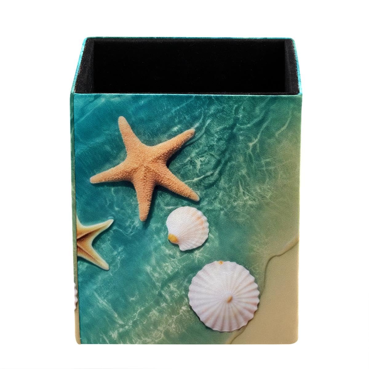 HEOEH Beach Shell Starfish Pen Holder Pen Pot, Square Pencil Cup for Desk