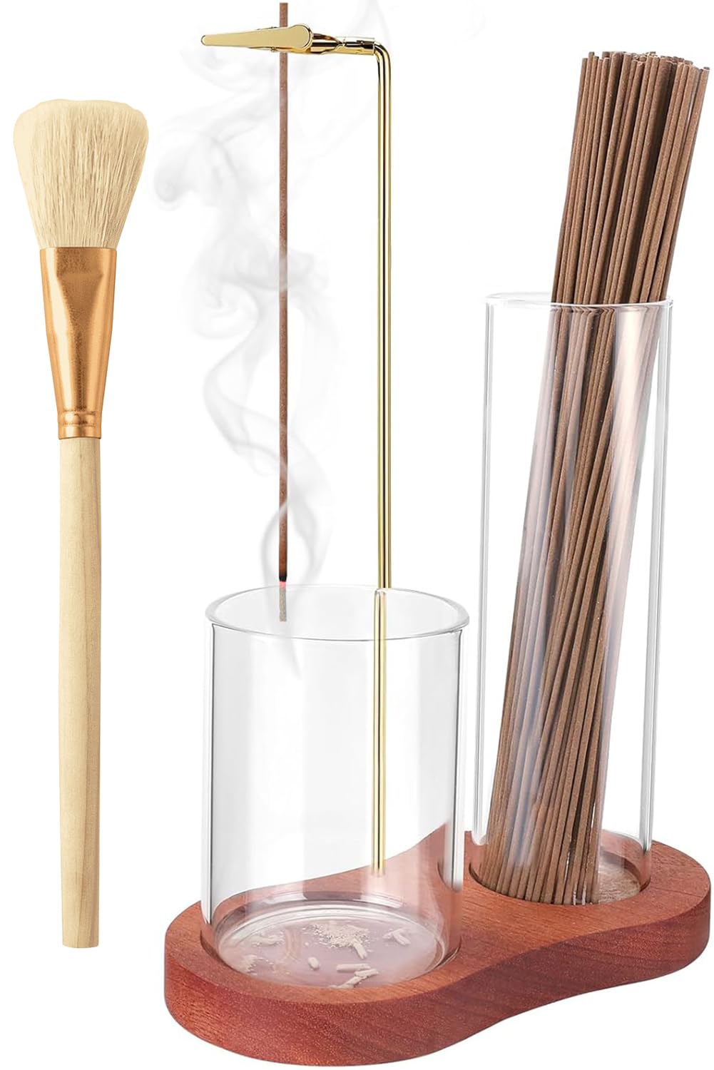 Vorprillynt Brown Incense Holder With Removable Glass Ash Catcher, Wooden Upside Down Incense Holder For Sticks, Premium Wooden Burner With Cleaning Brush, For Yoga, Spa, Tea, Zen Meditation (Brown)