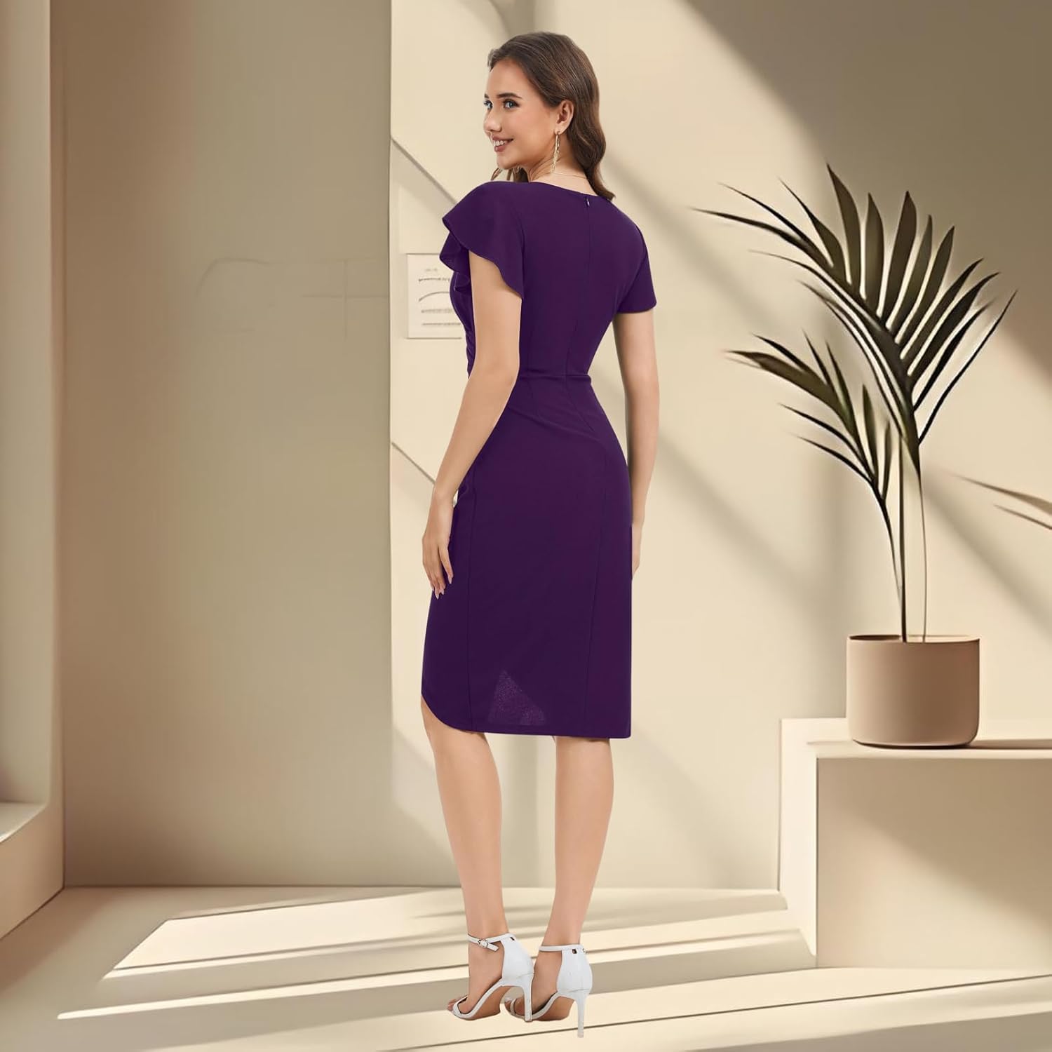 Women's V Neck Ruched Bodycon Cocktail Wedding Club Party Dress with Puff Short Sleeves - Image 7