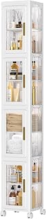 VECELO 4-Tier Tall Slim Clear Plastic Storage Cabinet with Lockable Wheels, Adjustable Shelves, Anti-Tip for Bathroom, Kitchen, Small Spaces