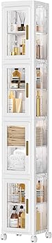 VECELO 4 Tier Tall Plastic Slim Storage Cabinet with Lockable Wheels, Adjustable Shelves, Anti-Tip for Bathroom, Living Room, Laundry Room, Kitchen, Narrow/Small Space, Easy Assembly, Clear