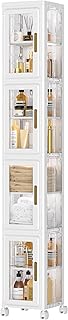 VECELO 4 Tier Tall Plastic Slim Storage Cabinet with Lockable Wheels, Adjustable Shelves, Anti-Tip for Bathroom, Living Room, Laundry Room, Kitchen, Narrow/Small Space, Easy Assembly, Clear