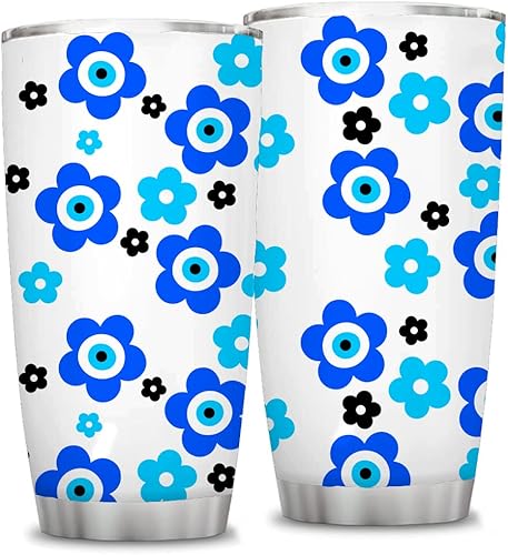 Regalo de 20 onzas para mujeres, madres y niñas, regalo de flores de mal de ojo azul turco, regalo de protección de buena suerte para mujeres, taza