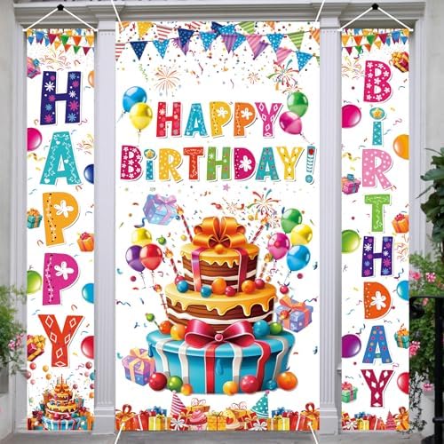 3 PCS Colorful Happy Birthday Banner Door Cover Porch Sign Hangin...