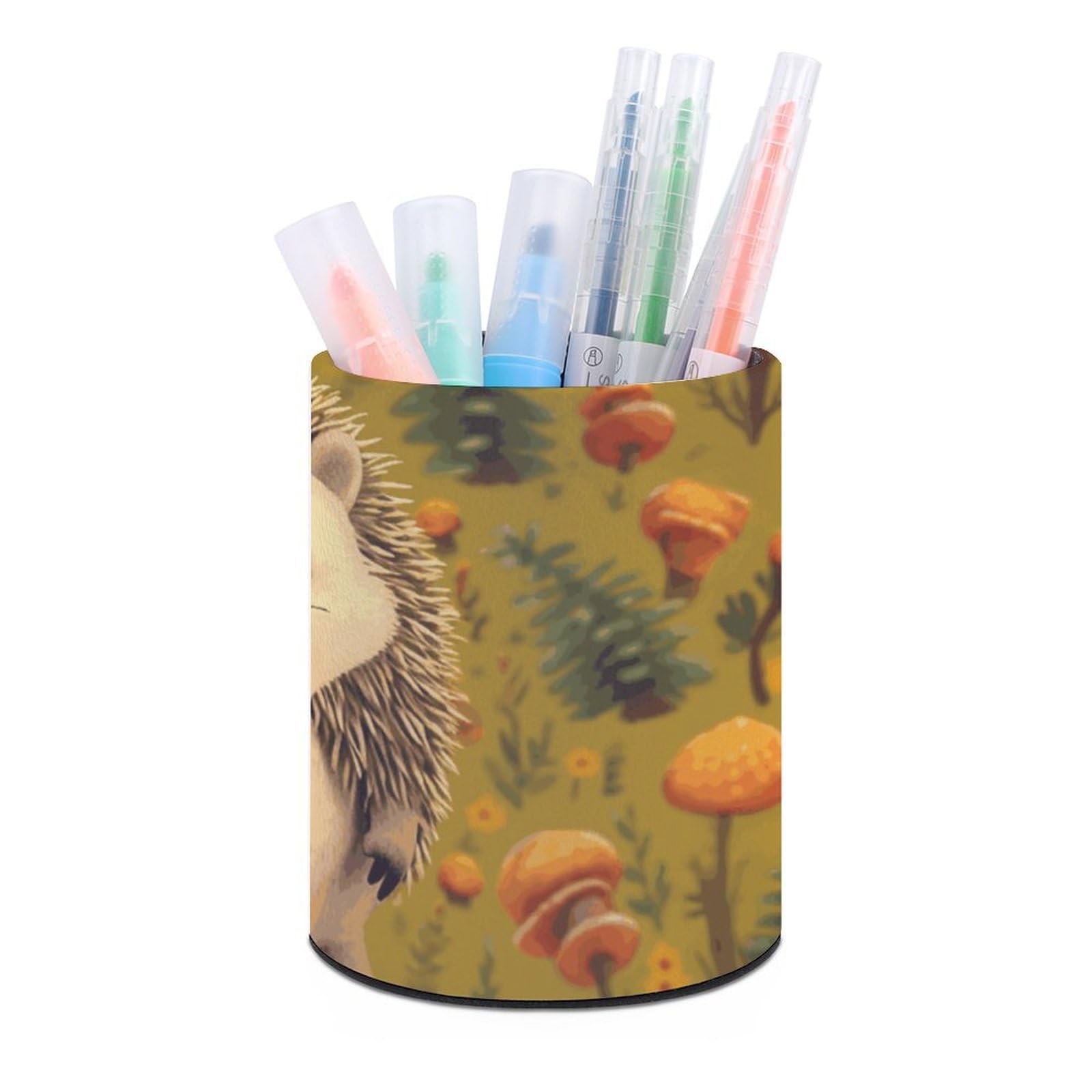 DWVTSLH Aesthetic Pen Holder for Desk - Modern Leather Pencil Holder - Stylish Round Makeup Brush Holder - Hedgehog Pen Cup Cute And Functional Desk Organizer for Office Supplies