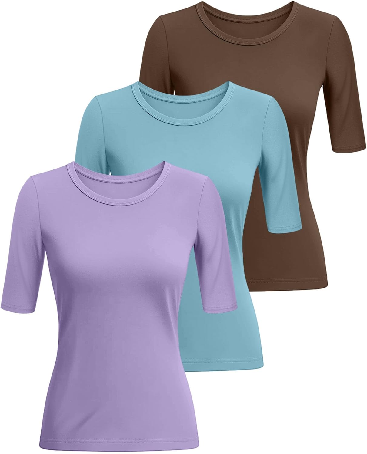 Riyiper 3 Pack Women's Half Sleeve Tops Crewneck 1/2 Sleeve T Shirts Elbow Length Tops Slim Fit Cotton Blend Basic Tees - Image 3