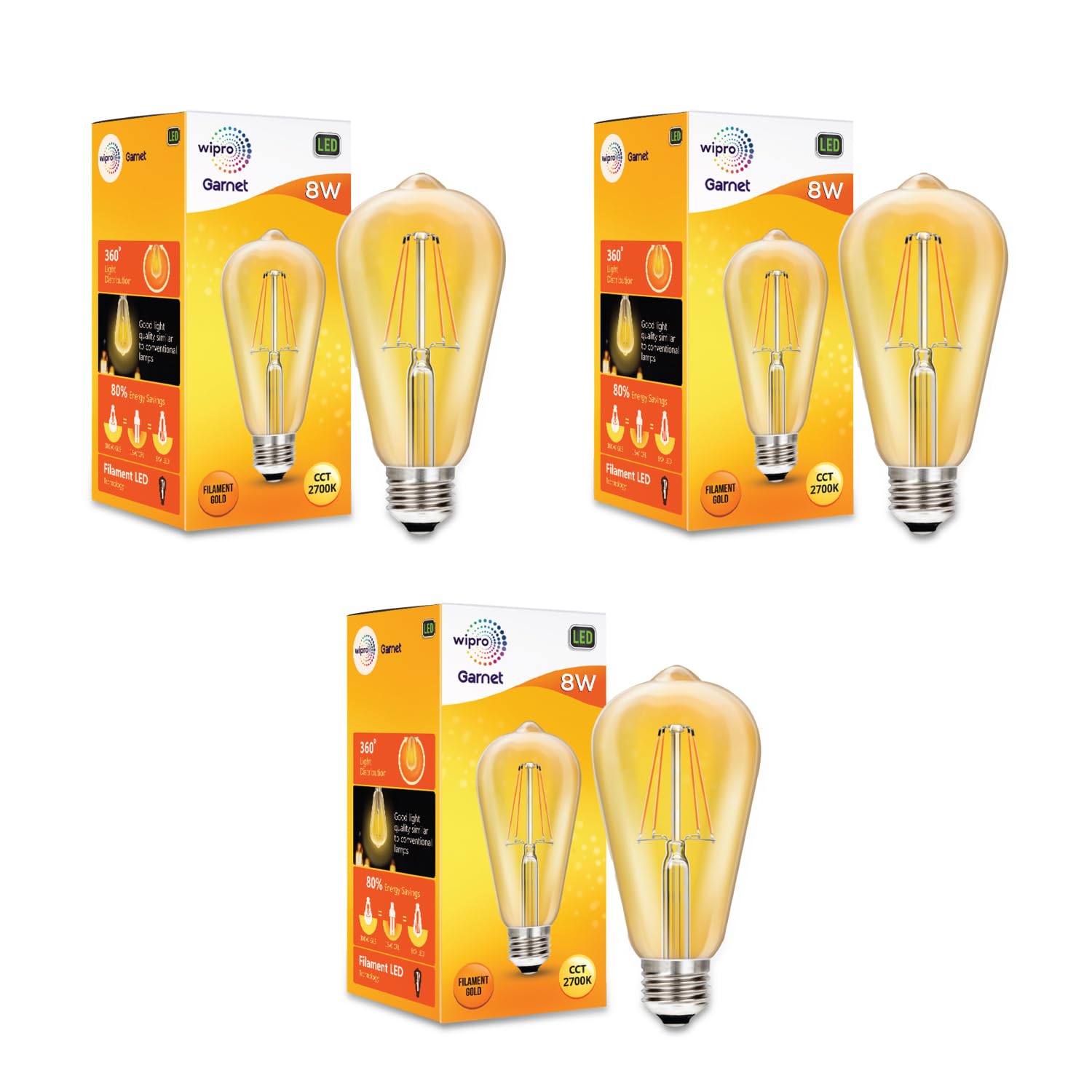 Wipro Garnet 8W A60 LED Filament Bulb | Decorative LED Bulb for Home & Office Decoration | Energy Efficient Filament Bulb comes with In-Built Surge Protection | E27 Bulb, 2700K(Warm White, Pack of 3) (B0CR2YJG8D) Amazon Price History, Amazon Price Tracker