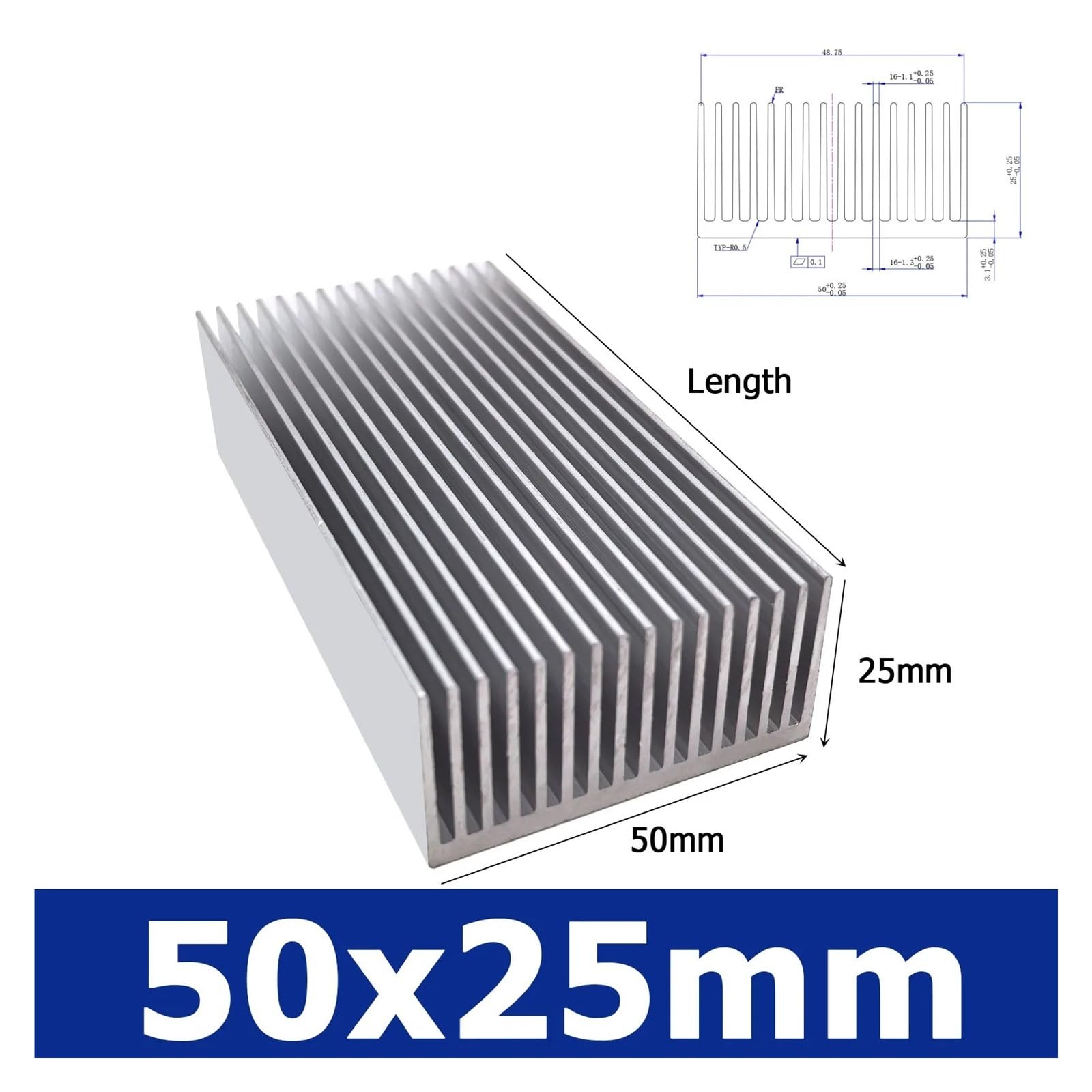Dissipatore di calore in alluminio, larghezza 50-160 mm, raffreddamento rapido, per chip elettronico, LED, COB, luce di potenza, transistor IC (50 x 25 mm, 120 mm)