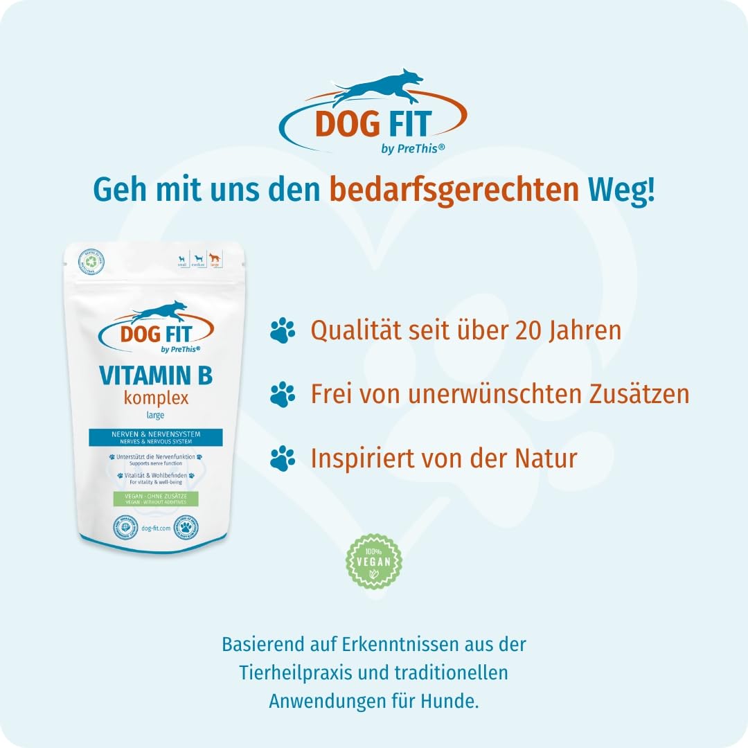 DOG FIT by PreThis® Vitamin B Komplex für Hunde | Unterstützung der normalen Nervenfunktion I Vitalität & Stoffwechsel | Vegan & ohne künstliche Zusätze I Large ab 25kg | 60 vegane Kapseln