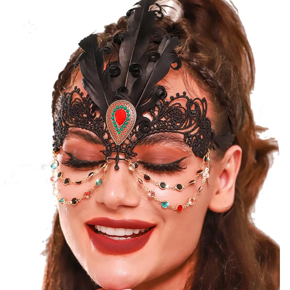 Blindery Sexy Masquerade Mask Rhinestone Crystal Lace Mardi Gras Feather Mask for Women