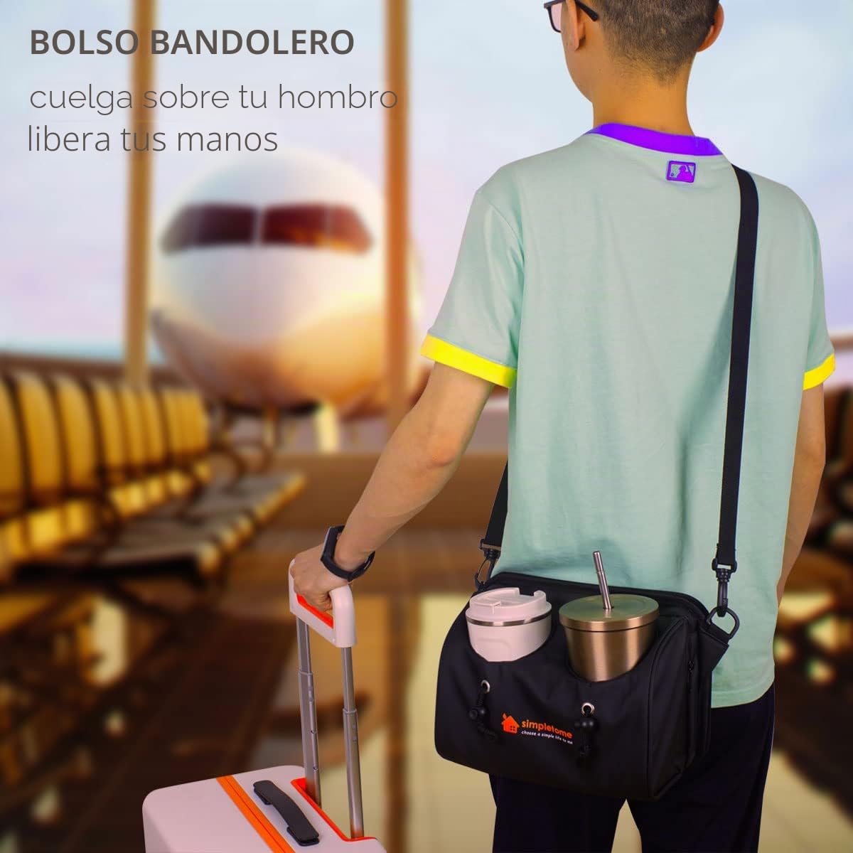 simpletome Portavasos para equipaje con manos libres soporte para vasos de viaje para equipaje de viaje 2 portavasos grandes para bebidas con bolsillo trasero para maleta grande (Negro)