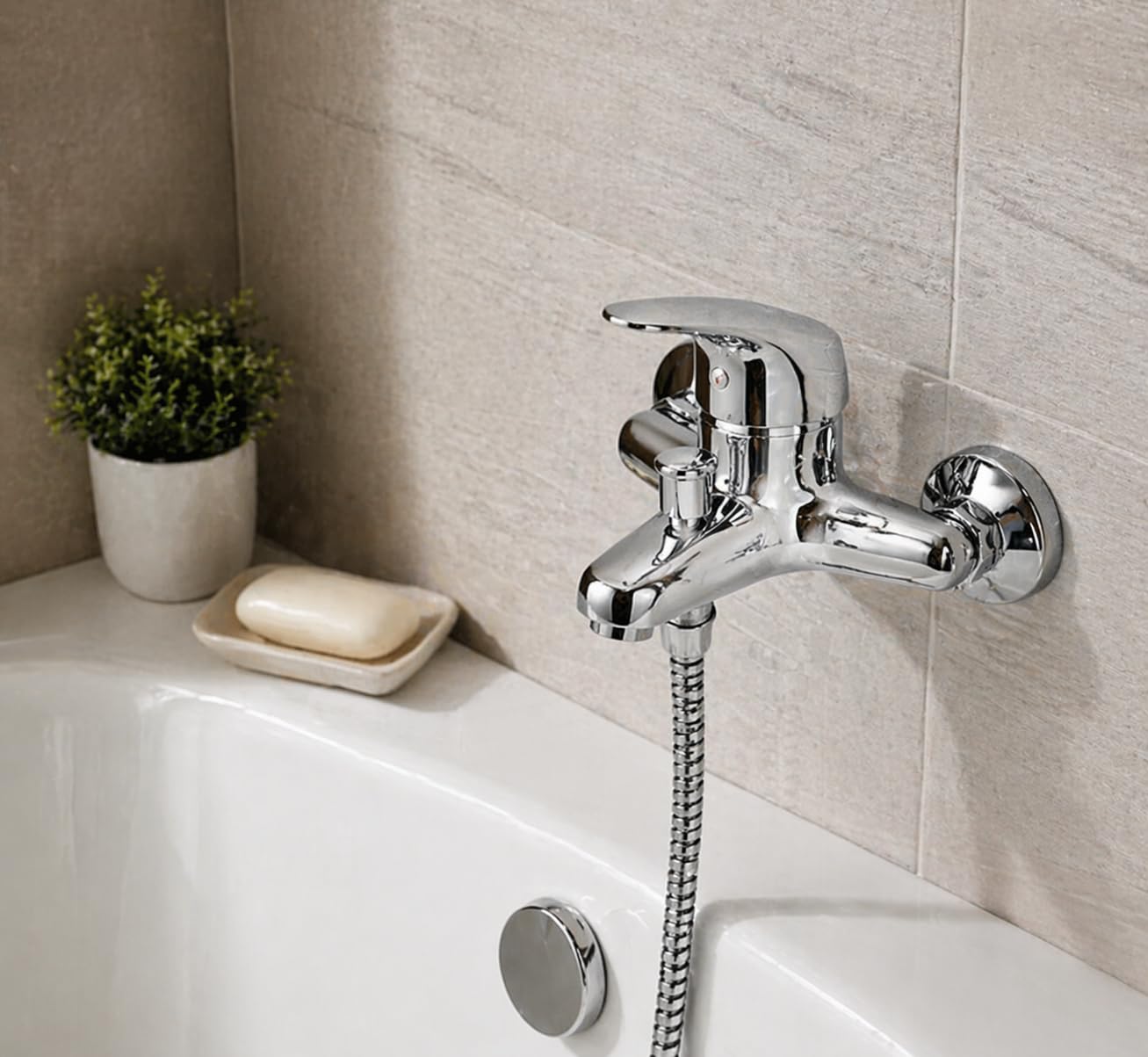 Grifo Bañera Monomando Primfort TITAN, Latón Cromado, Mezclador Agua Fría y Caliente, Cartucho Cerámico 40mm, Instalación Pared, Diseño Moderno