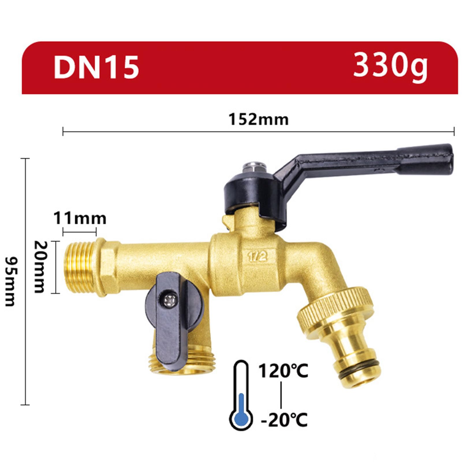 Rubinetto da esterno antiruggine e antigelo, Rubinetto a sfera in ottone a doppia uscita for giardino e esterni con ingresso da 1/2" uscite 3/4"