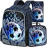 TXHVO 3Pcs Soccer Backpack for Boys, 16' Kids School Bookbag with Lunch Box, Football Backpacks Set for Elementary Preschool Kindergarten(Black)