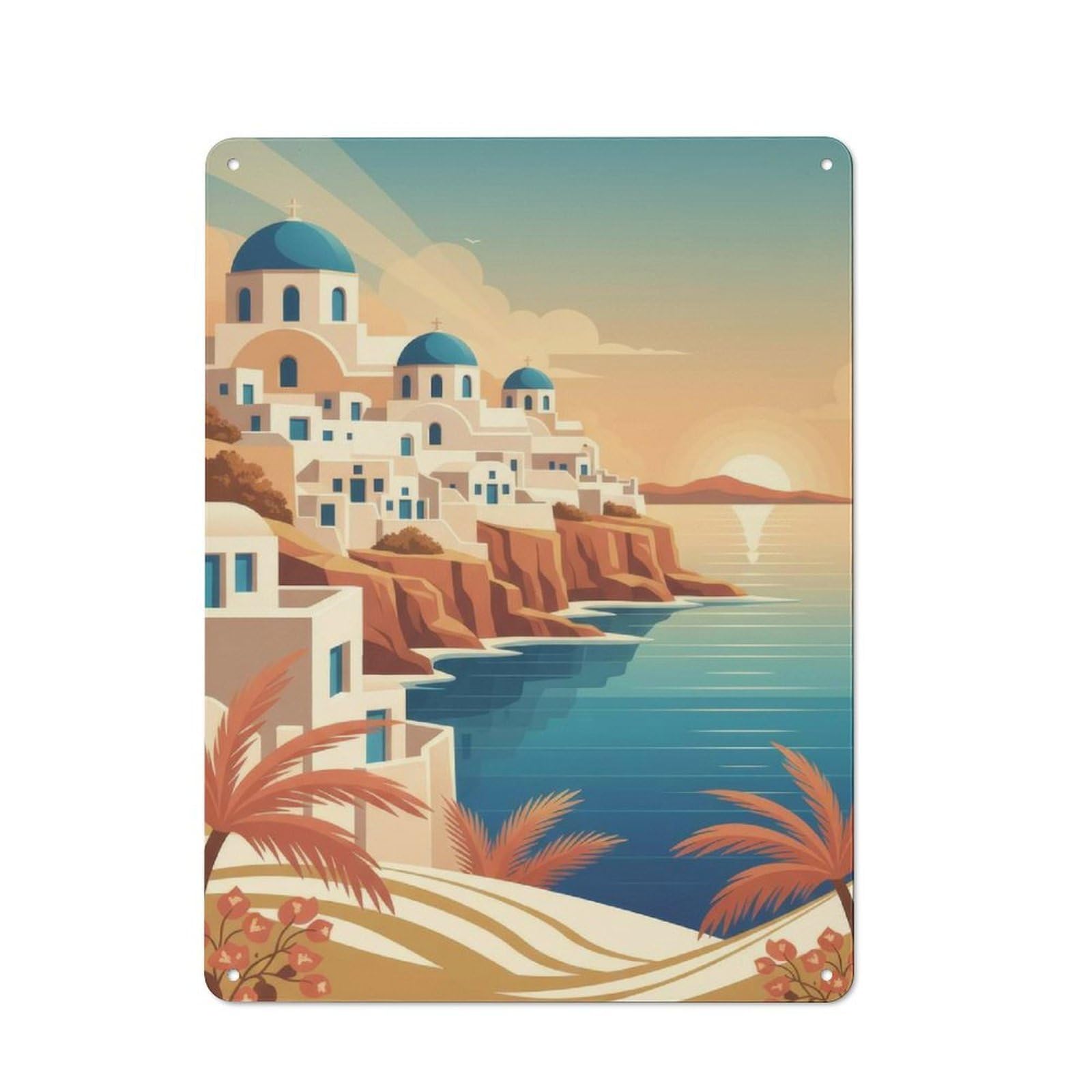 Junmoney Style-3 Santorini Greece Coastal View Creative Metal Wall Decor 40X30cm, Decorative Metal Sign For Office, Study, Studio Or Hallway