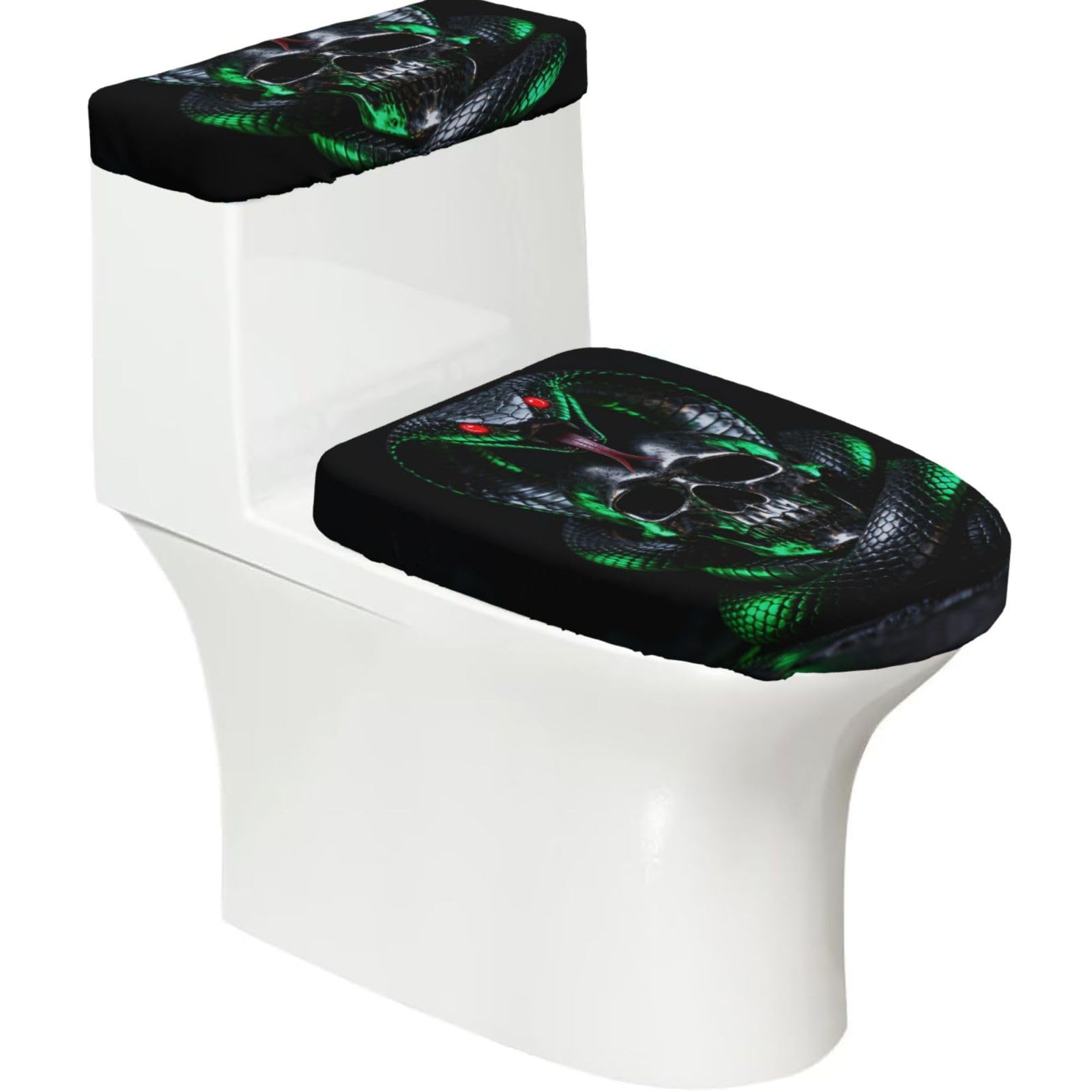 Cntdbu Black Snake Skull Deadly Stretchy Toilet Lid And Tank Cover Set-Soft Elastic Bathroom Decor For U Shape Oval