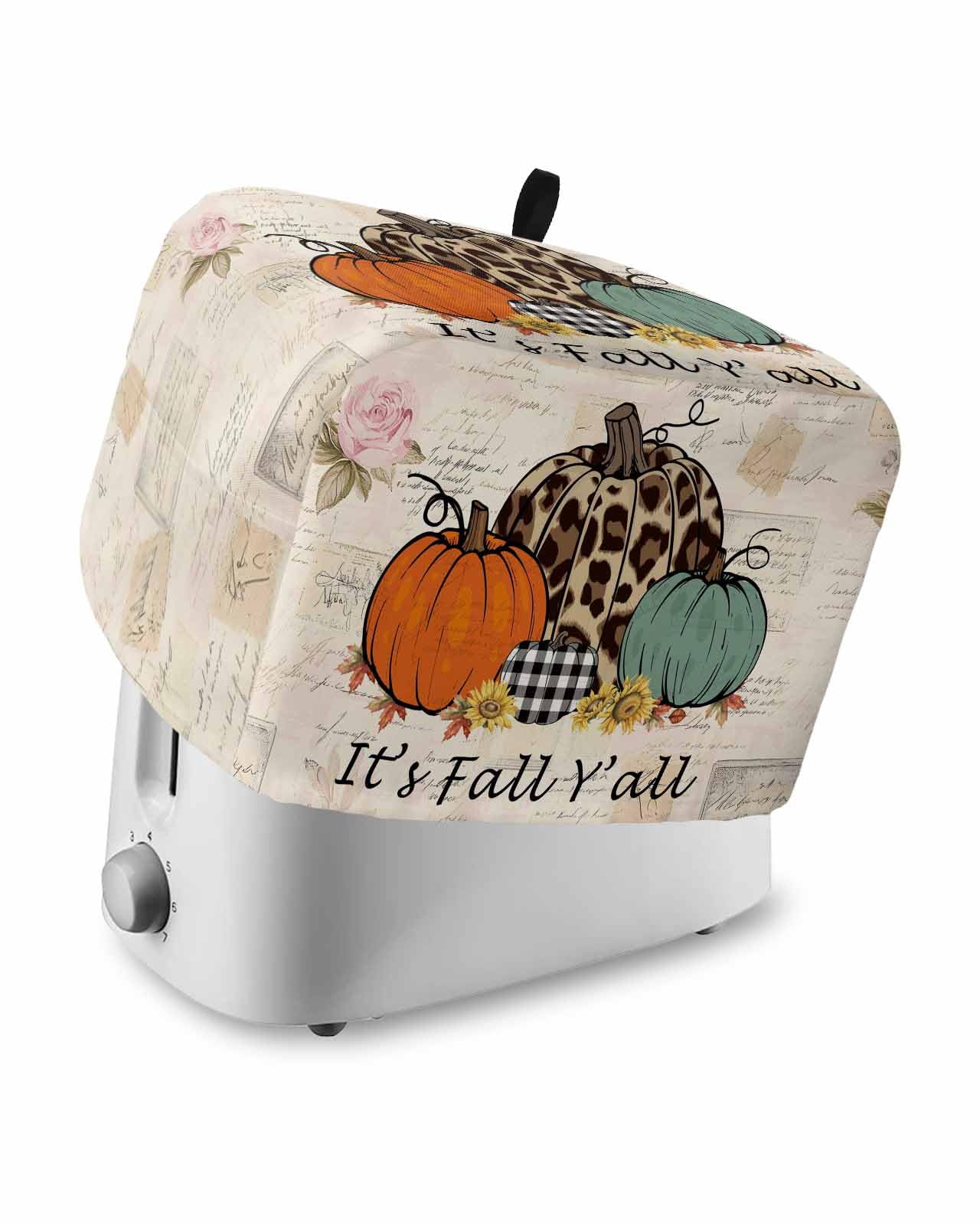 It's Fall Y'all Toaster Cover 4 Slice, Retro Pumpkin Chrysanthemum Bread Maker Dust Cover with Pockets for Kitchen Small Appliance 12x11x8in