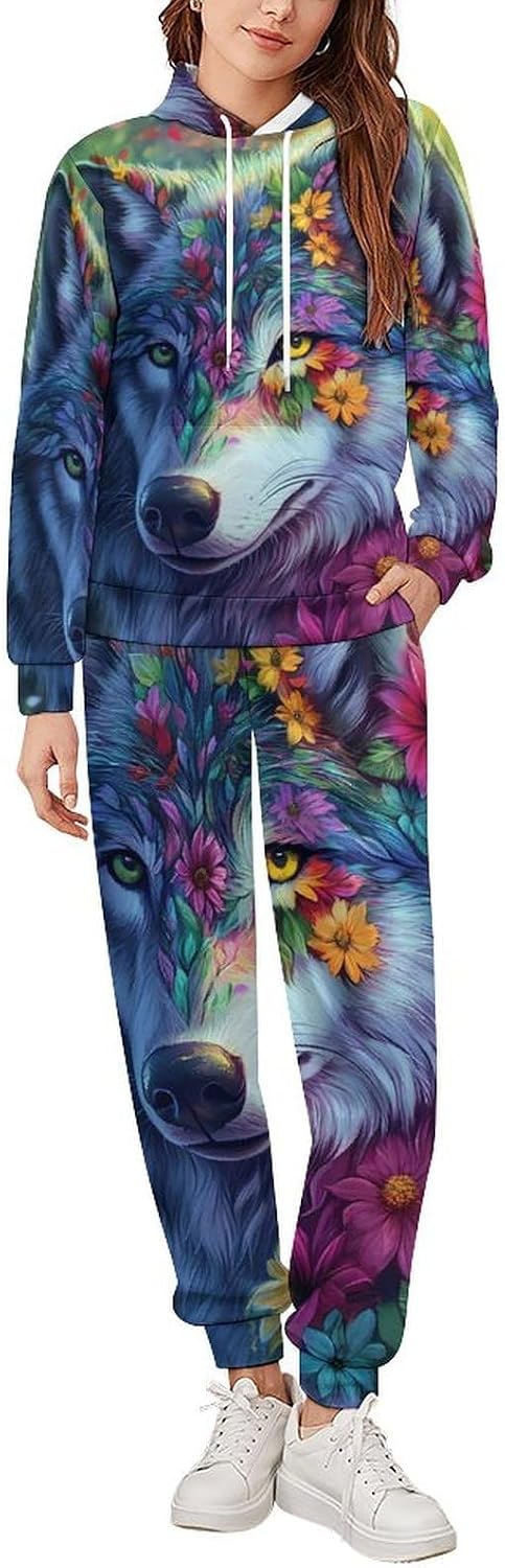 Wolf Men's Hooded Set Casual 2 Pieces Suits Pullover Tracksuit Hoodies And Sweatpants