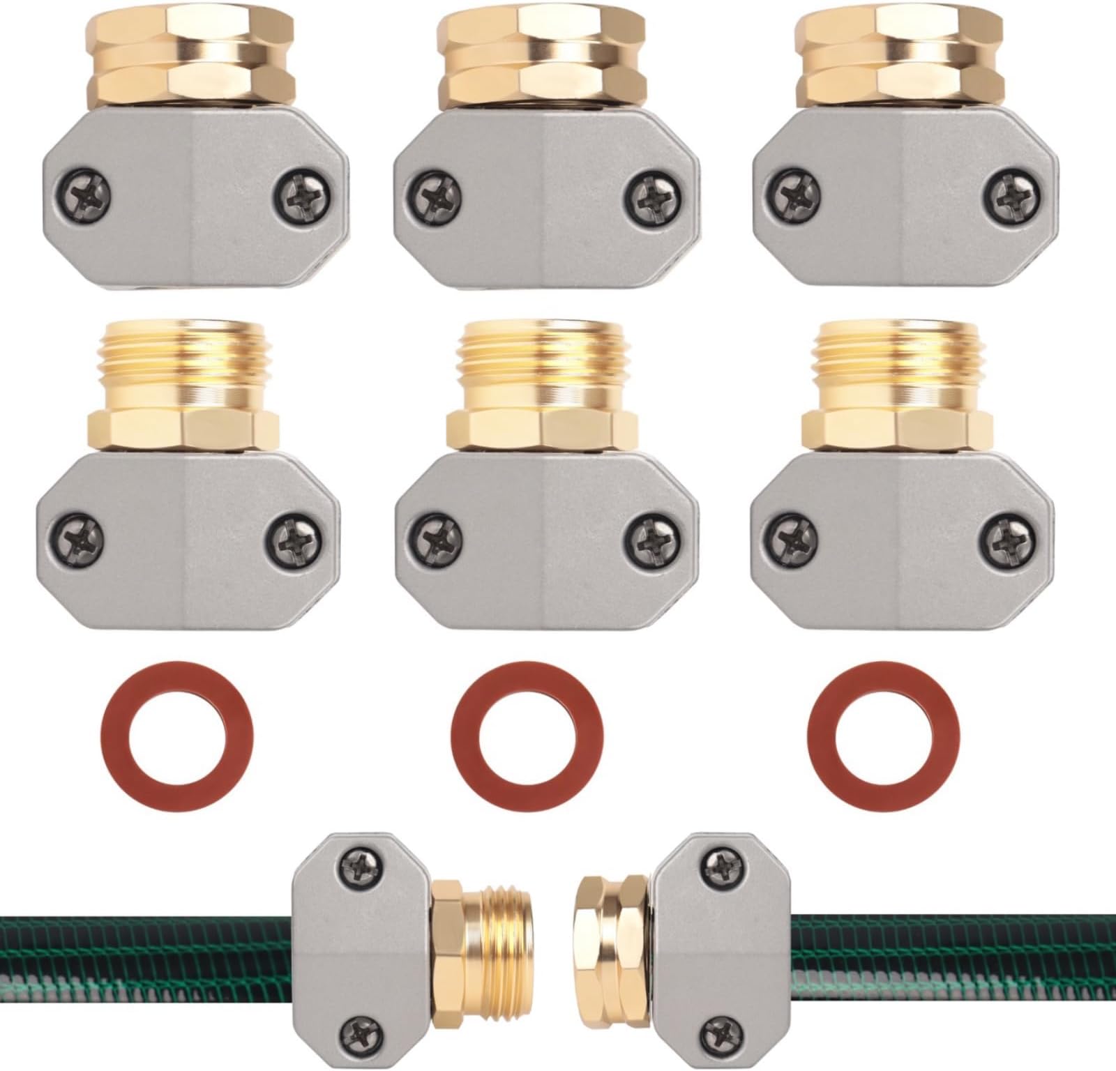 Hose repair kit,๏ผ3 Sets๏ผgarden hose repair Fittings Aluminum Female and Male With Zinc Clamp Water Hose End Repair Connector Fit 3/4 Inch And 5/8 Inch Garden Hose๏ผgarden hose repair kit