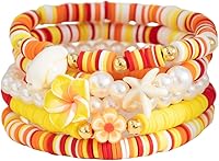 Stackable Clay Bead Shell Stretch Bracelet Set: Sea Star, Conch & Turtle Boho Beach Surf Jewelry