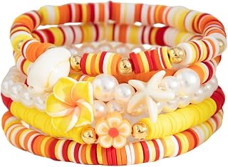 Stackable Clay Bead Shell Stretch Bracelet Set: Sea Star, Conch & Turtle Boho Beach Surf Jewelry