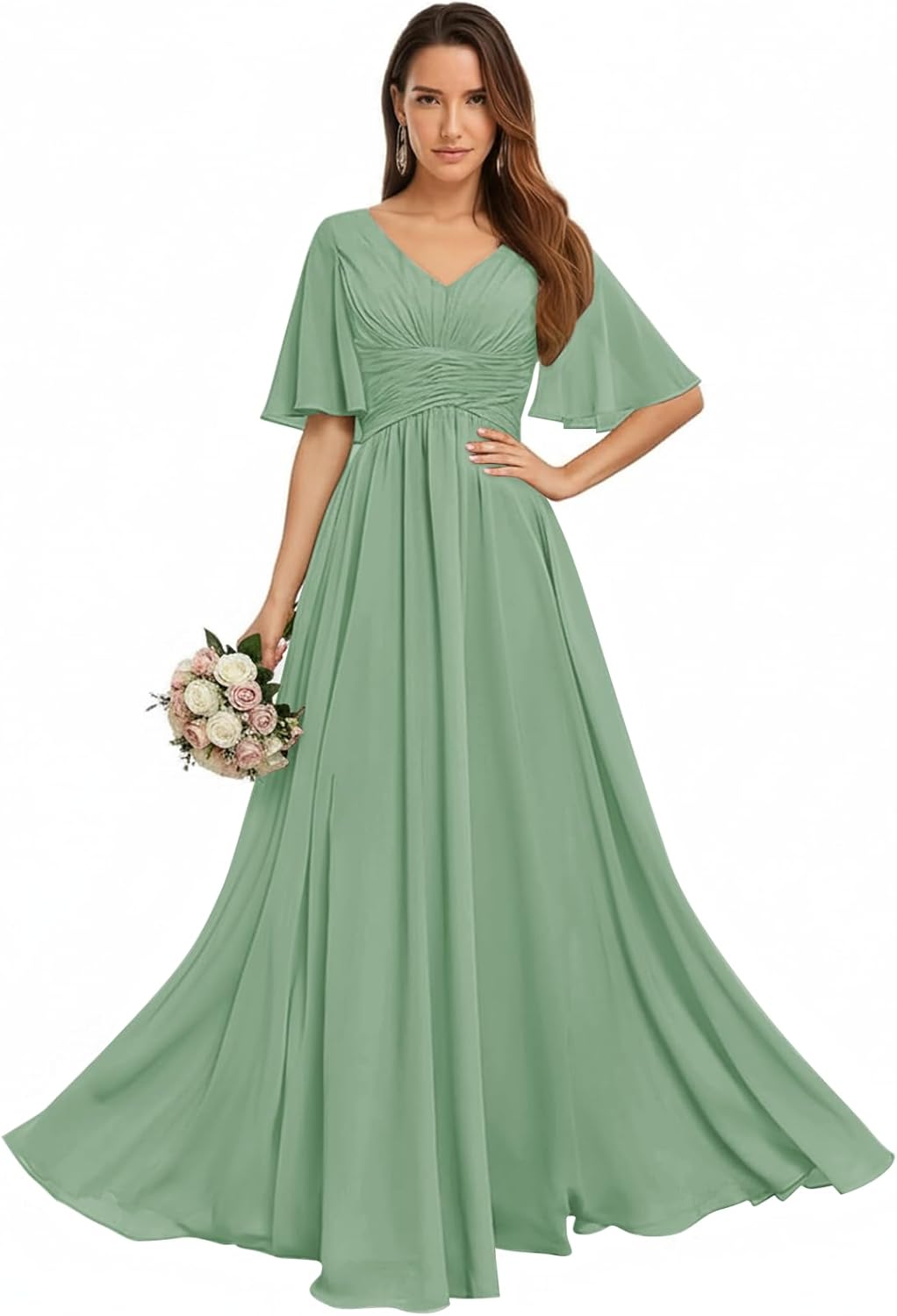 VOfuter Long Chiffon Bridesmaid Dresses for Women A-Line Short Sleeves Wedding Guest Dress