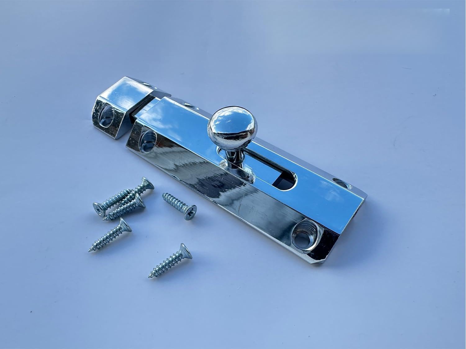 Bolts and Brass Hardware Surface Door Bolt, Metal Slide Lock with Knob, Available in Chrome, Black, and Brass Finish (Polish Chrome, 102 mm)