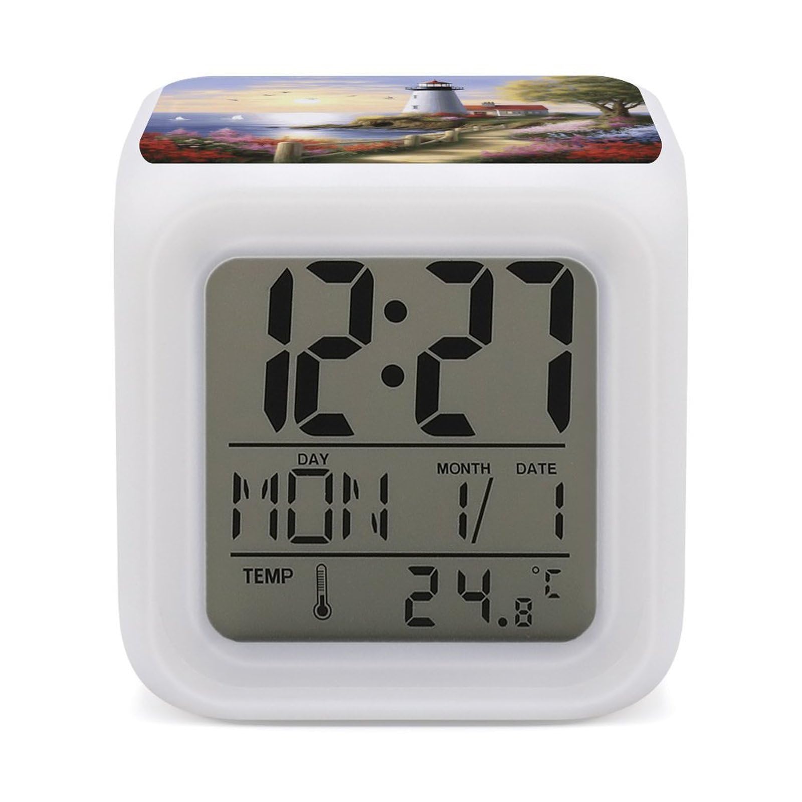 VstaDank Lighthouse Diamond Painting Alarm Clocks with 7 Color Changing Night Light Exquisite Bedroom Digital Clocks with LED Temperature Display Desk Clock Ok to Wake Clocks for Heavy Sleeper