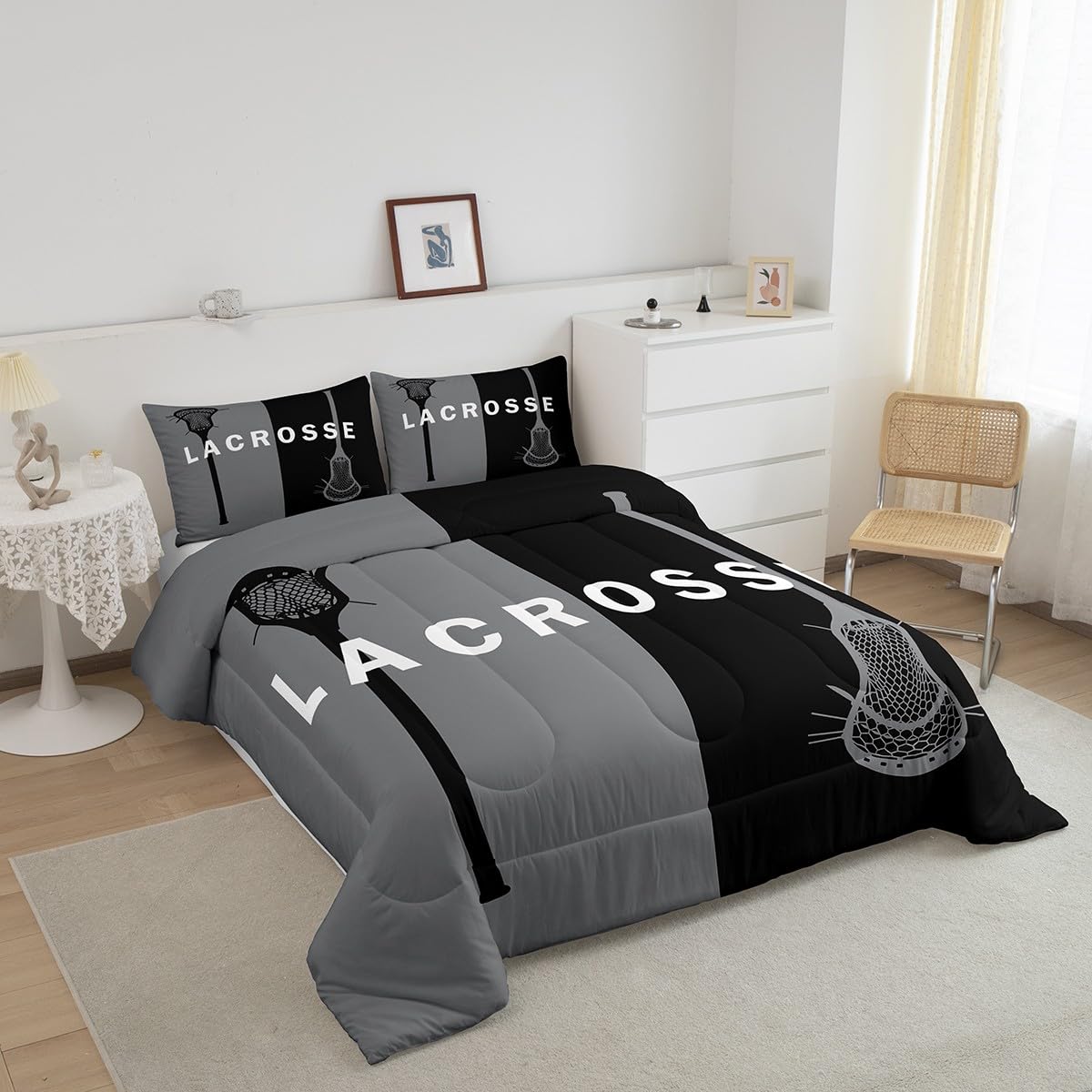 Lacrosse Comforter Ball Sports Theme Bedding Set for Boys Girls Lacrosse Player Games Comforter Set Grey Black Decor Quilt Set with 2 Pillowcases 3Pcs Bedding Full