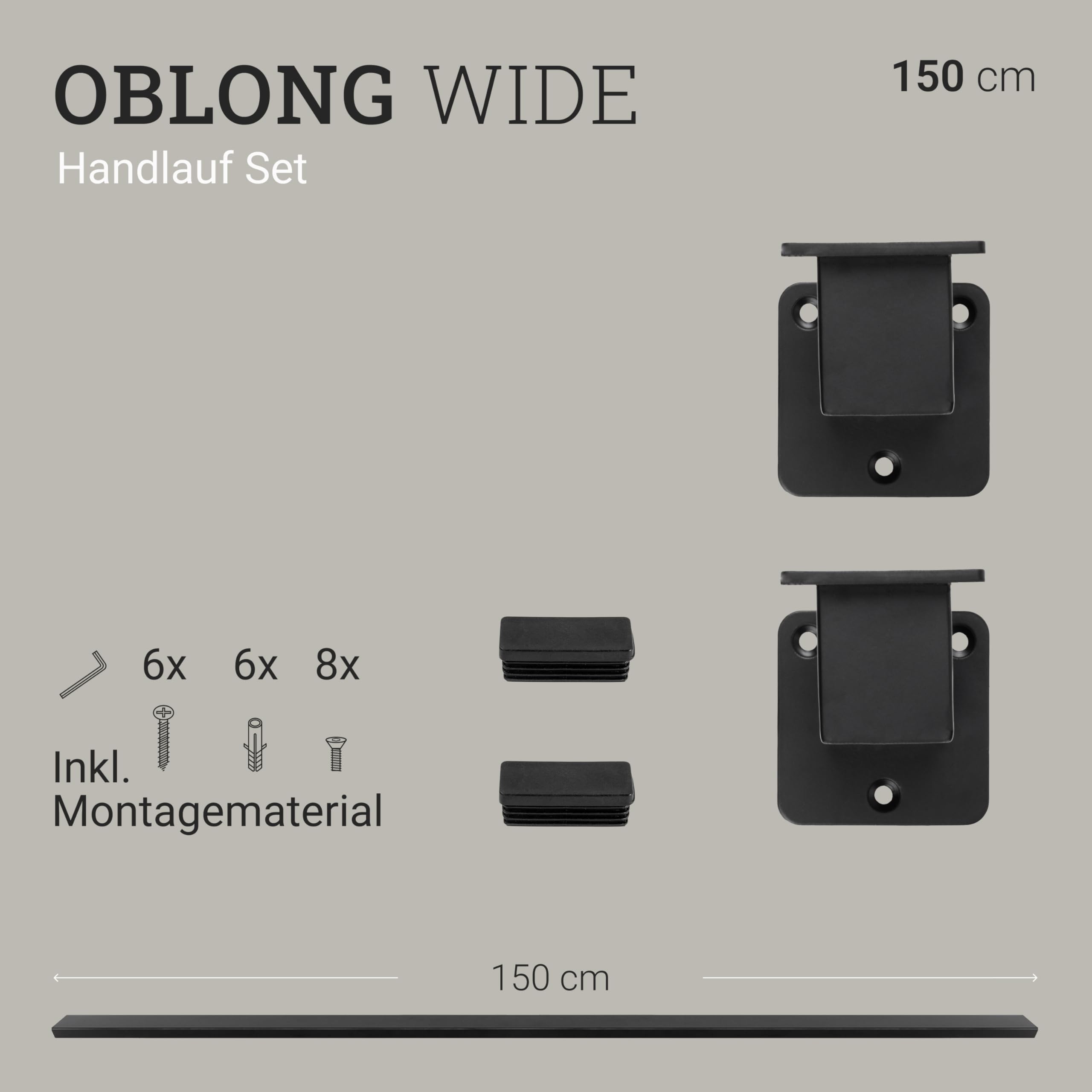 Natural Goods Berlin Handlauf Set OBLONG Metall schwarz / 2x Stück Handlaufhalter WIDE & 150cm Treppengeländer/rostfreier, pulverbeschichteter Treppenhandlauf/Handlauf Treppe Innen & Außen