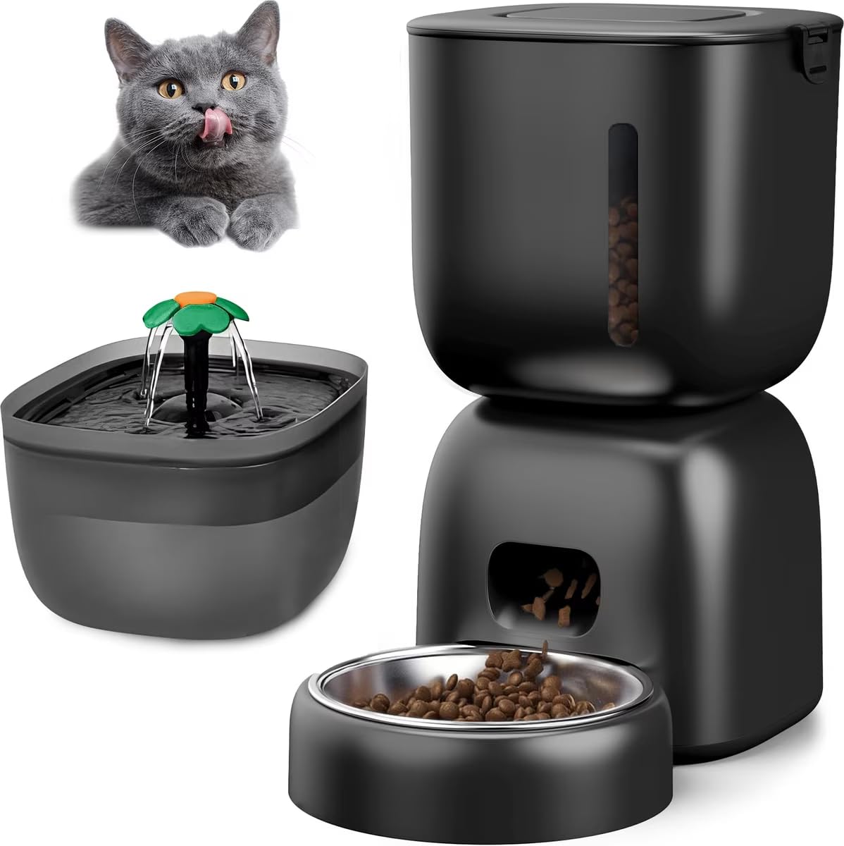 Casfuy Juego de comedero automático y fuente de agua 2 en 1 para gatos, negro, 3 L y 2 L