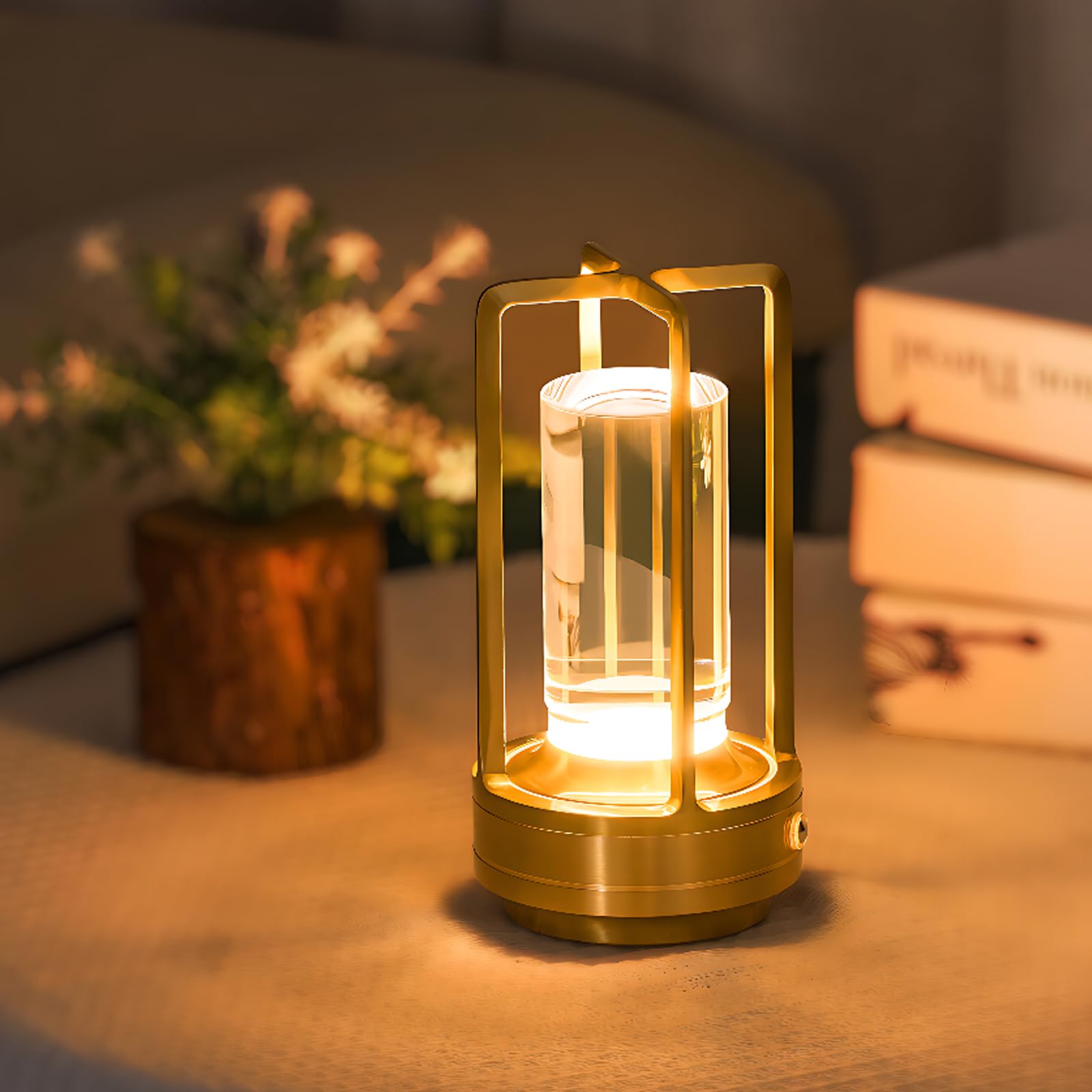 UMLAEN Rechargeable Table Lamp Cordless, 3 Color | Crystal | Stepless Dimming, for Bedroom, Cafe, Camping, Bar, Dining Table, Restaurant, Gold