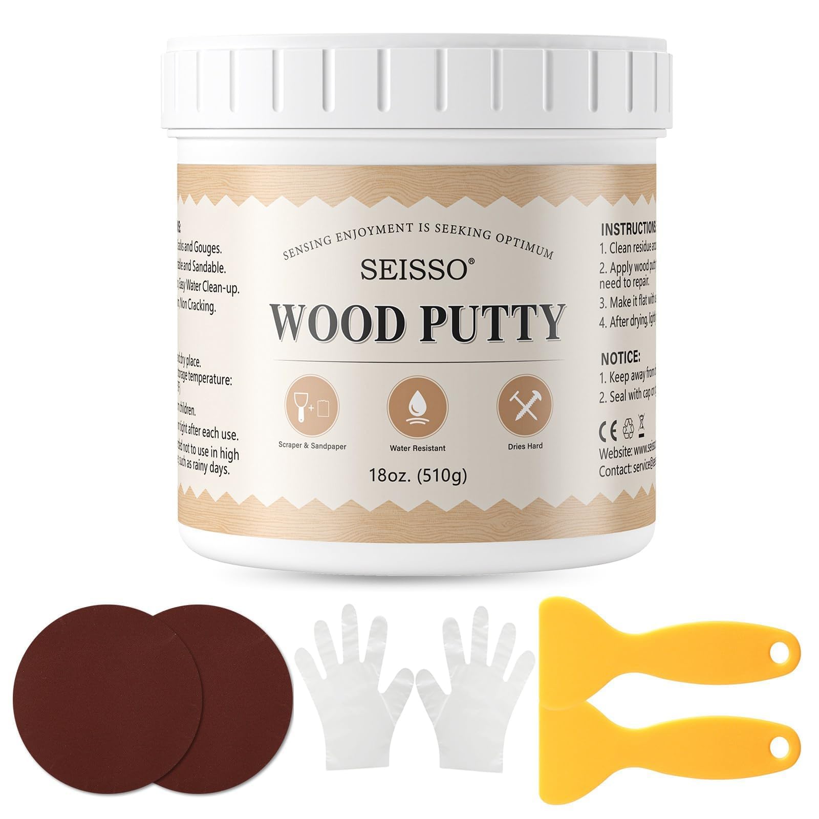 SEISSO Mastic à Bois Blanc 500g, Kit de Réparation de Parquet Imperméable à l'eau pour l'extérieur - Restauration de Tables en Bois, d'armoires, de Planchers et de Portes en Bois