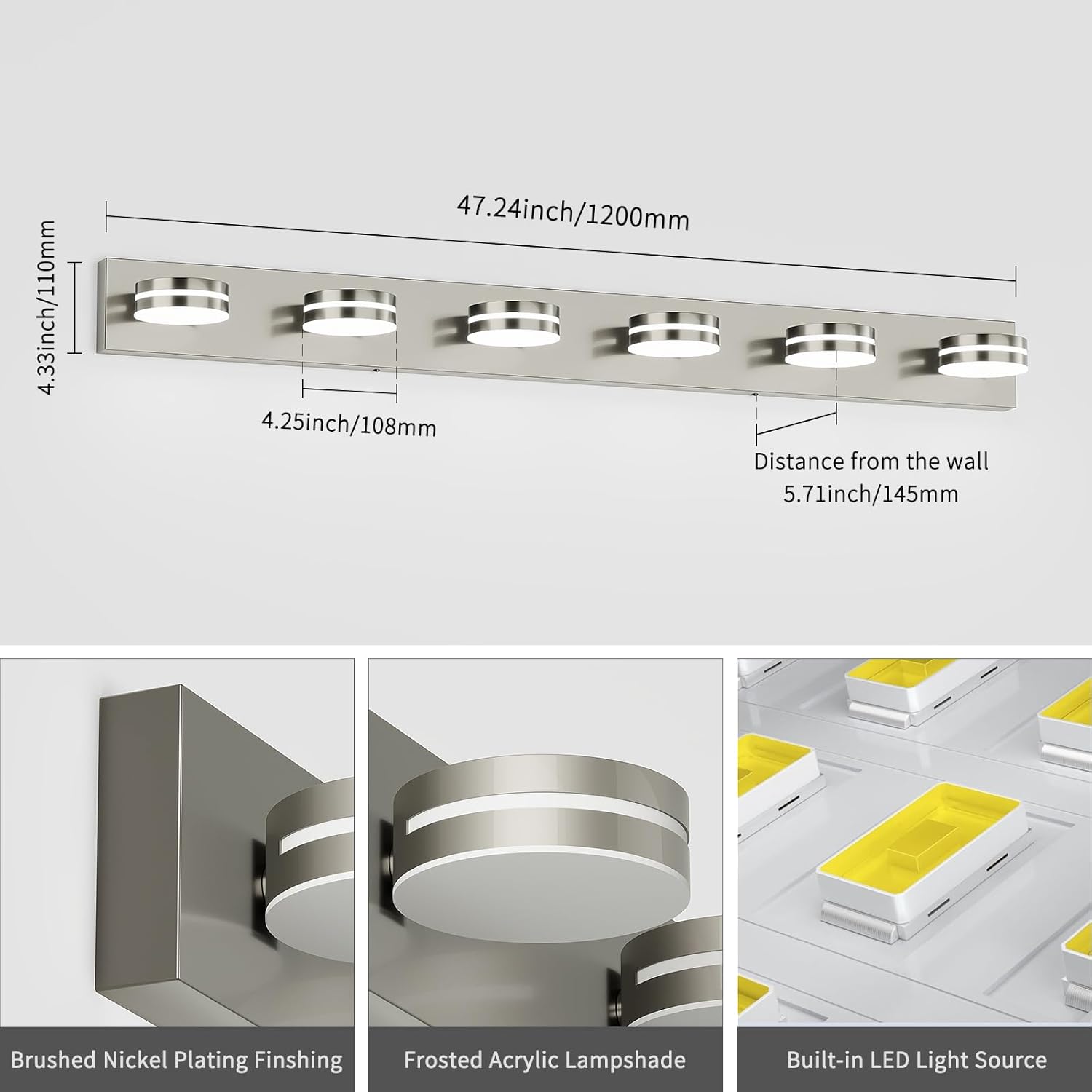 6-Light Nickel Bathroom Vanity Light Over Mirror, LED Vanity Lighting Fixtures, Modern Bathroom Wall Light Fixtures with 360°Rotating Lamp Head (Cool White 5500K)
